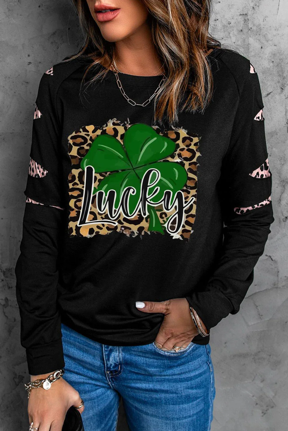 Casual Leopard One Shoulder Sweatshirt Black.