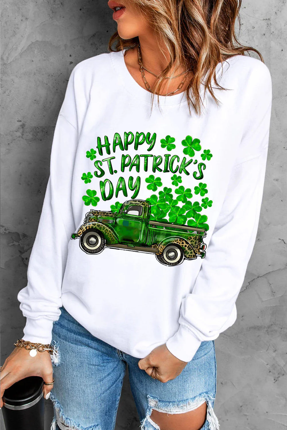 Shamrock  Happpy St. Patrick's Day Clover  Round Neck Casual pullover sweatshirt.