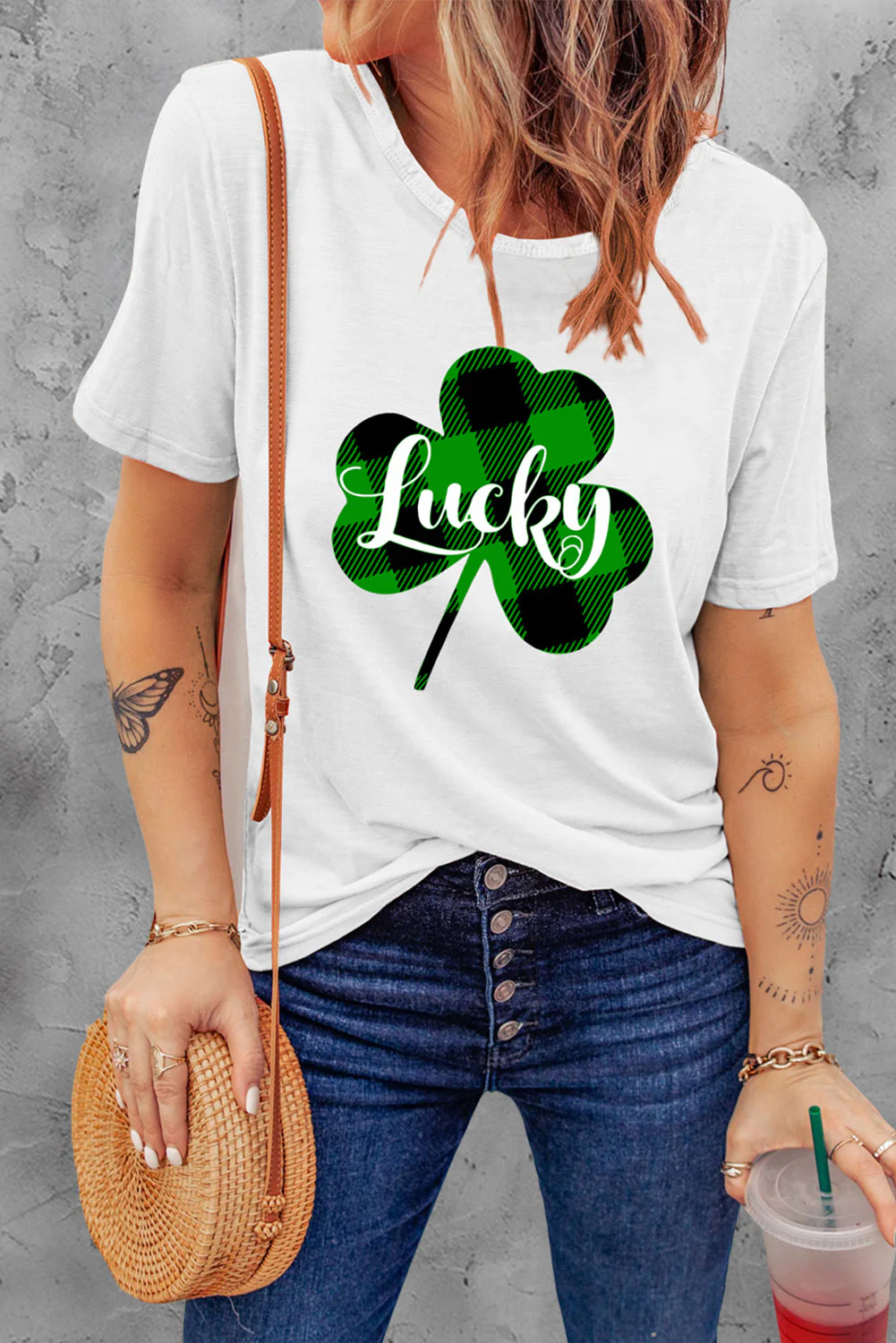 White Plaid Casual T-shirt。