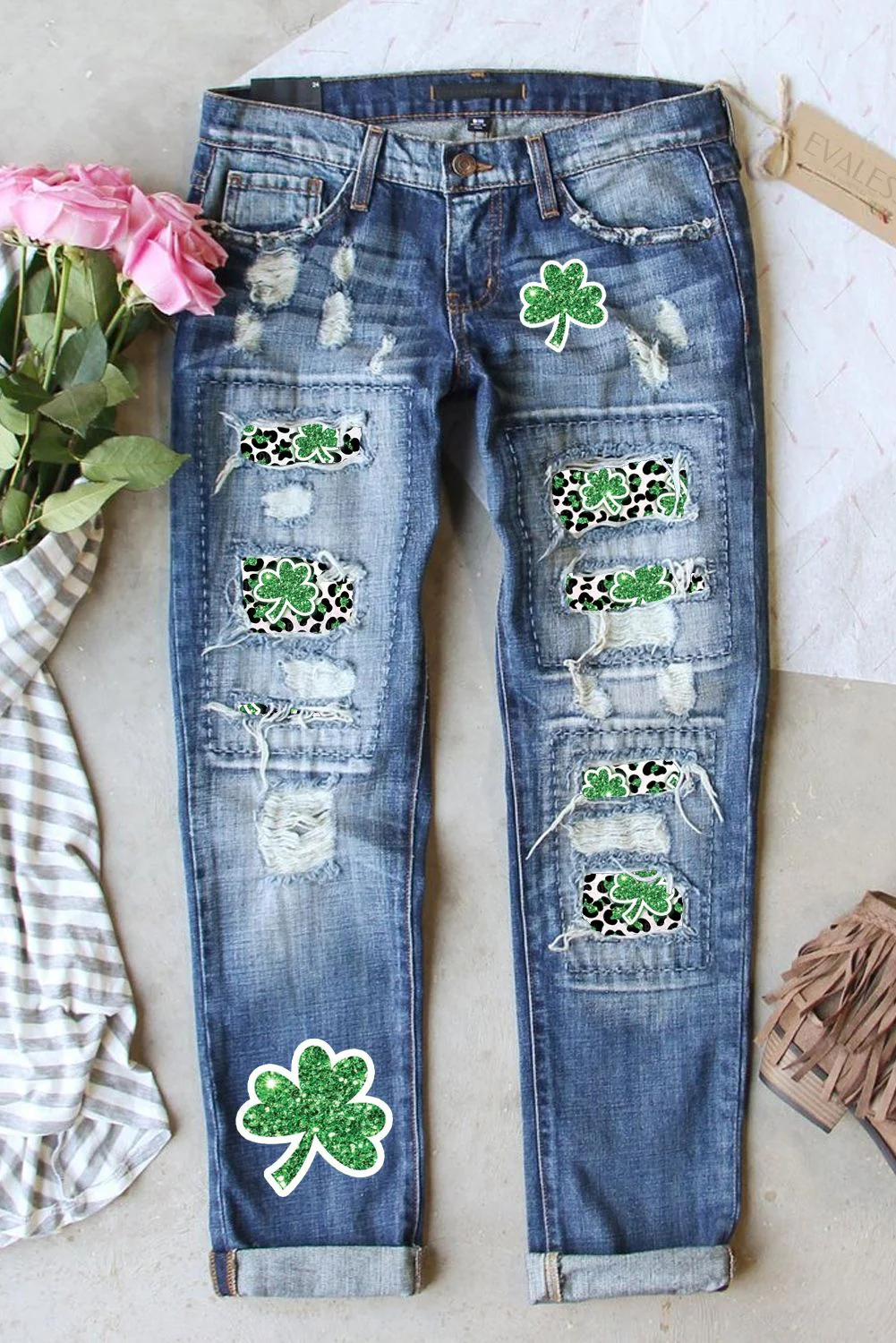 Green Clover Shift Casual Ripped Jeans.