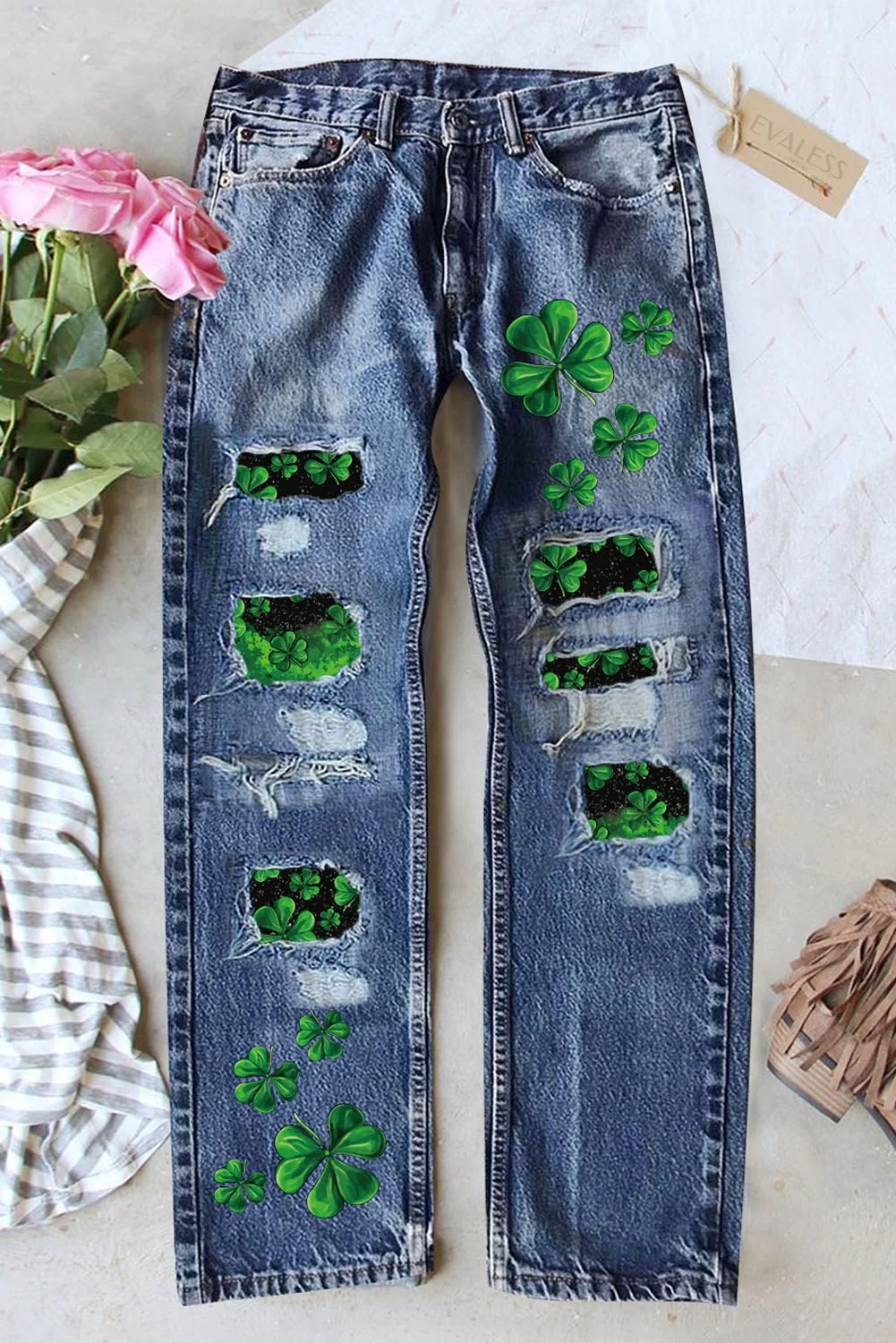 St. Patrick's Day Shamrock Graphic Straight Leg Ripped Jeans.
