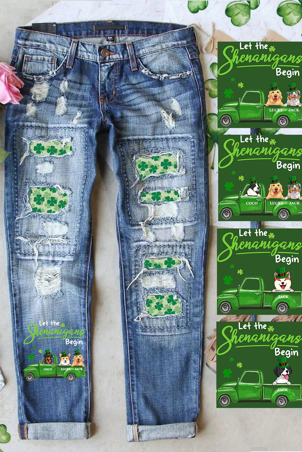 Personalized St. Patrick's Day Cute Dogs Mid Waist Ripped Jeans.