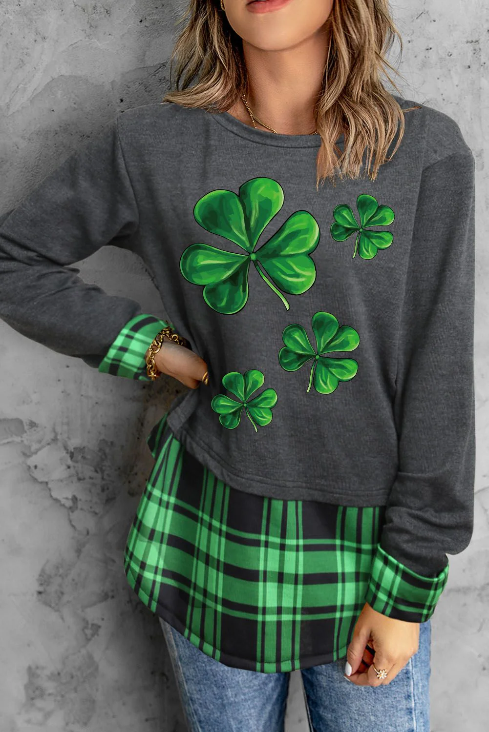 St. Patrick's Day Green Clover Patchwork Plaid Round Neck Shift Casual Sweatshirts.