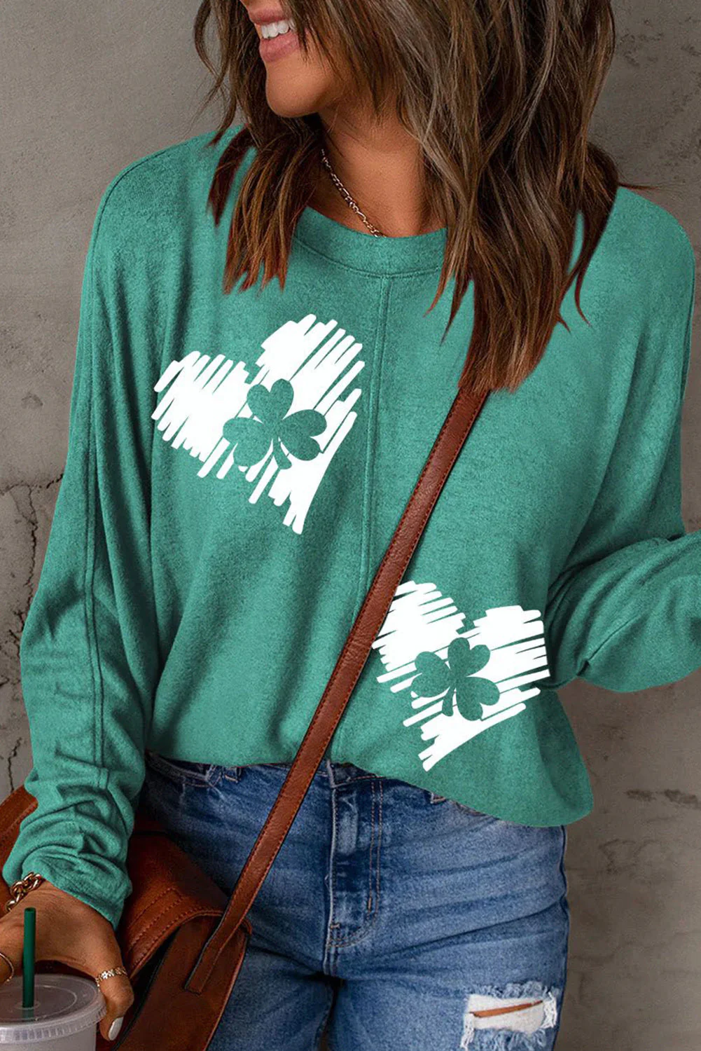 St. Patrick's Day Heart Clover Round Neck Shift Casual Sweatshirts.