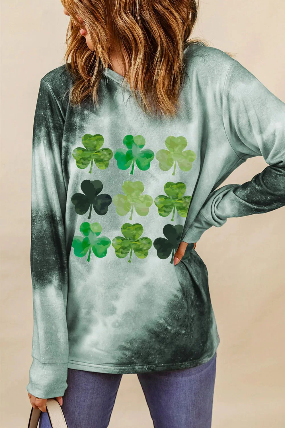 St. Patrick's Day Clover Graphic Tie-dye Round Neck Casual Sweatshirt.