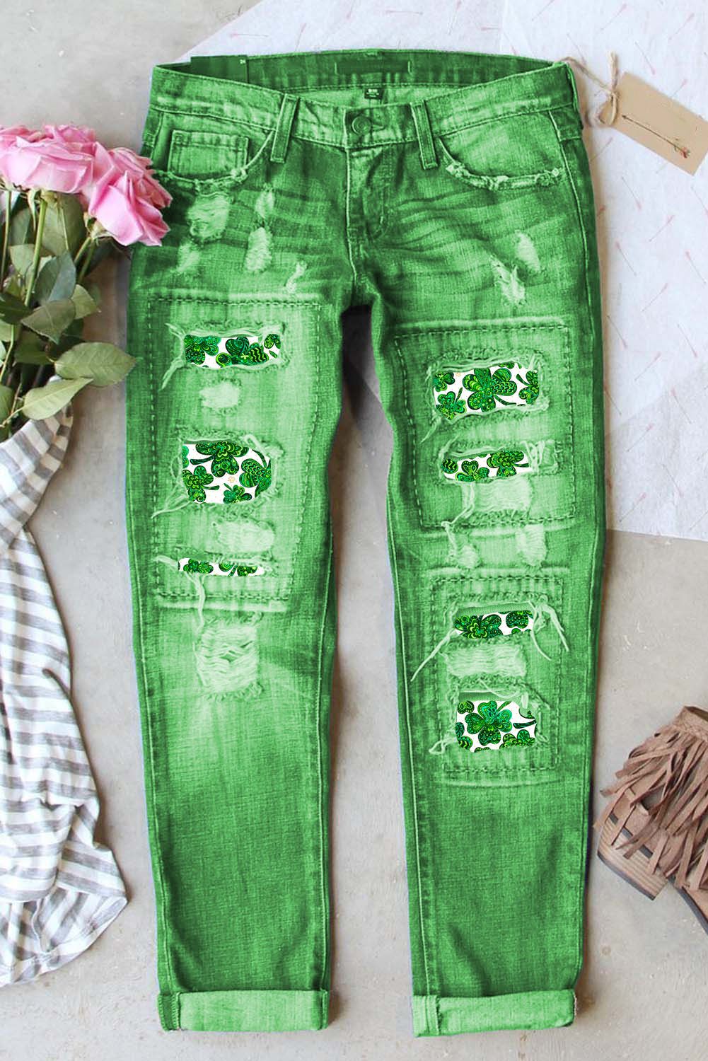 St. Patrick's Day Green Shamrock Graphic Casual Ripped Jeans.