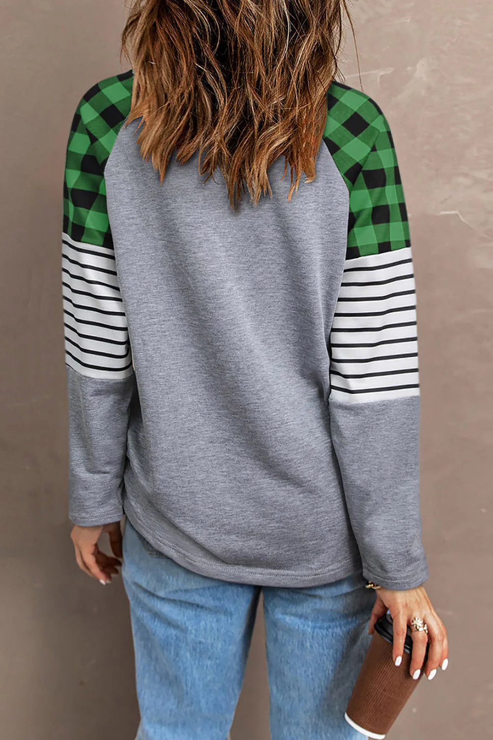 Plaid Clover Letter Long Sleeve Sweatshirt.