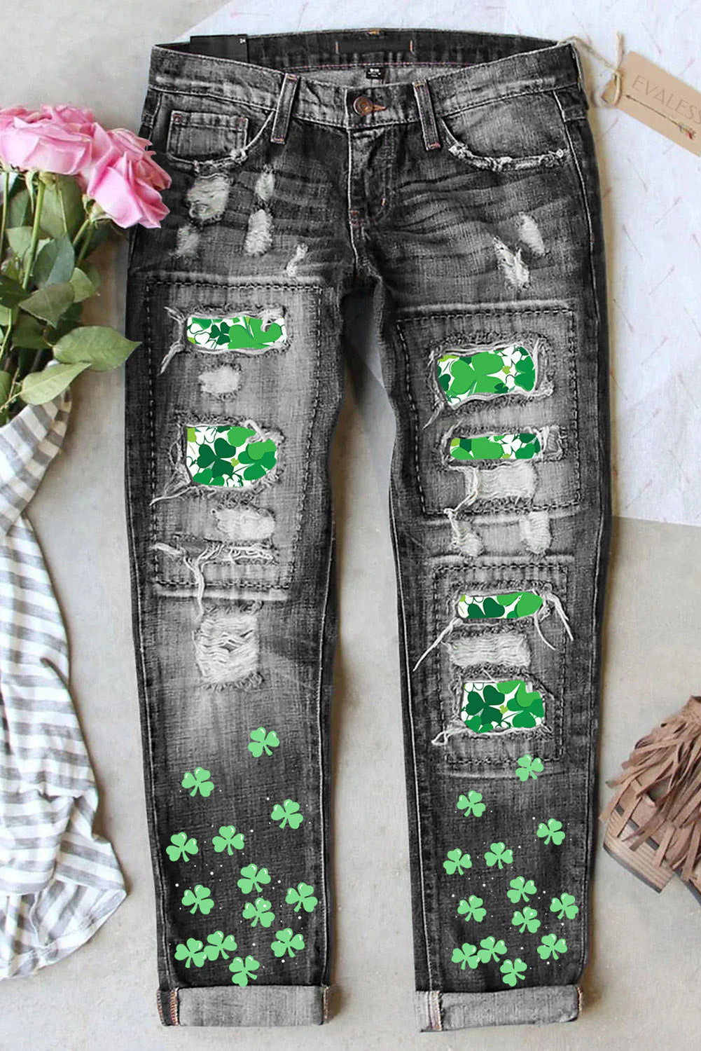 St. Patrick's Day Clover Casual Denim Ripped Jeans。