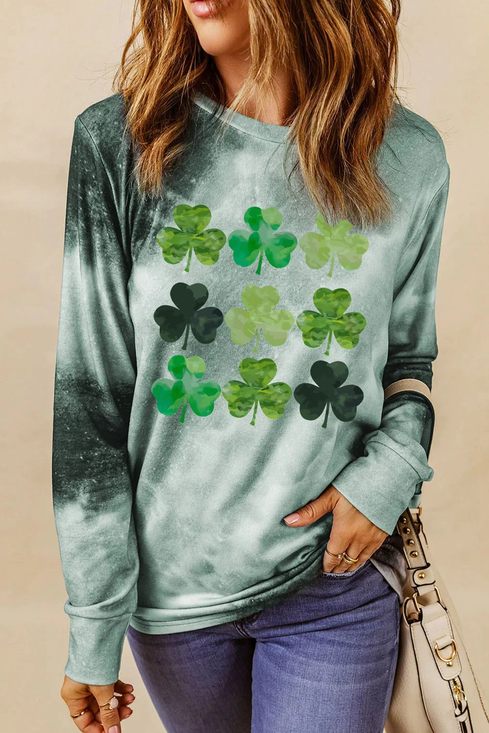 St. Patrick's Day Clover Graphic Tie-dye Round Neck Casual Sweatshirt.