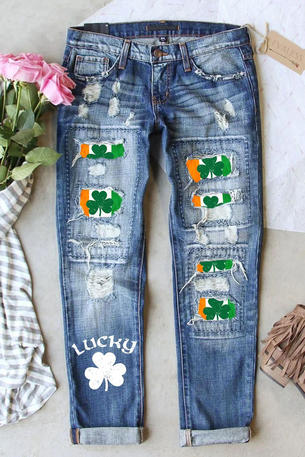 Shamrock Casual Ripped Jeans。
