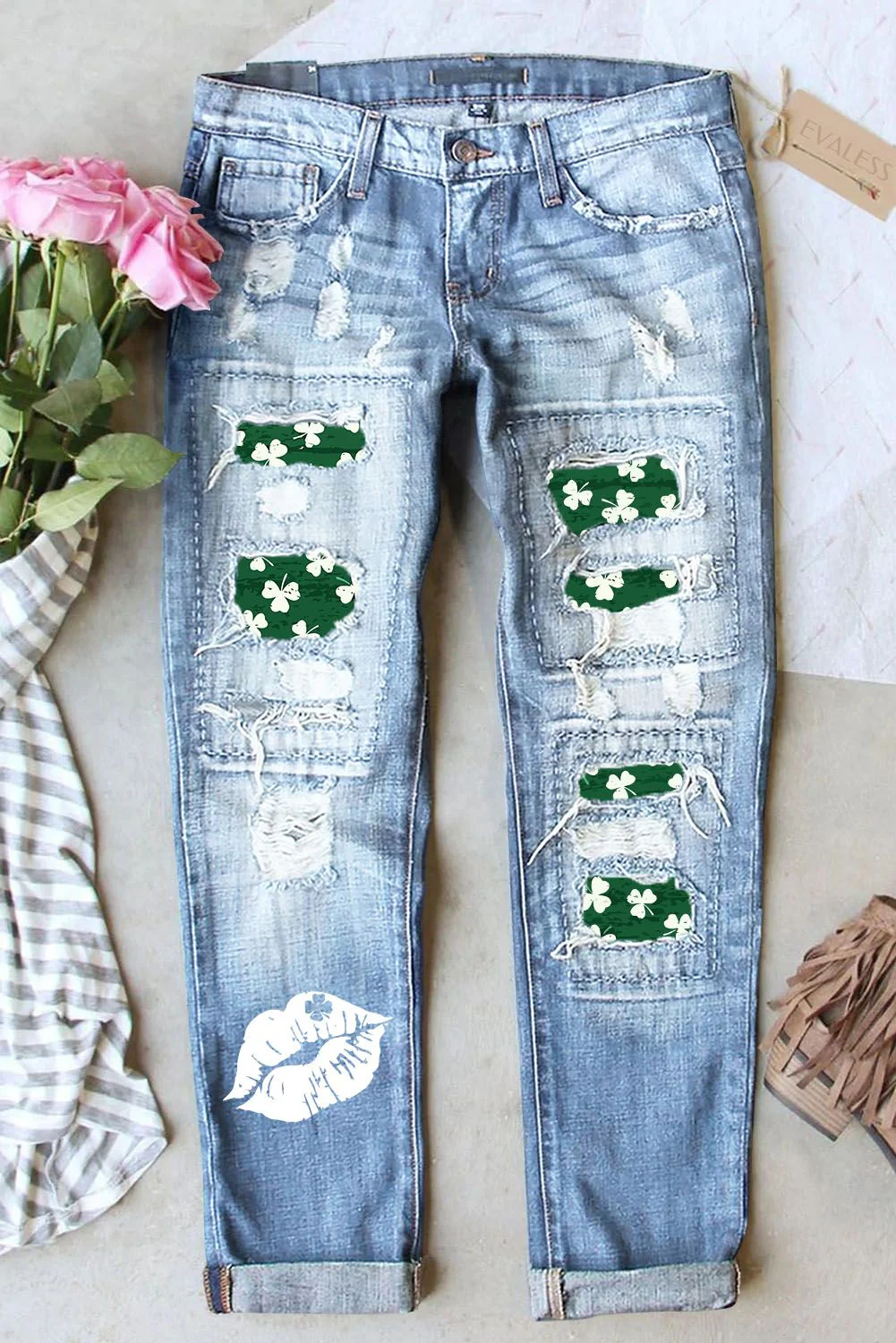 St. Patrick's Day Clover Graphic Casual Mid Waist Ripped Jeans