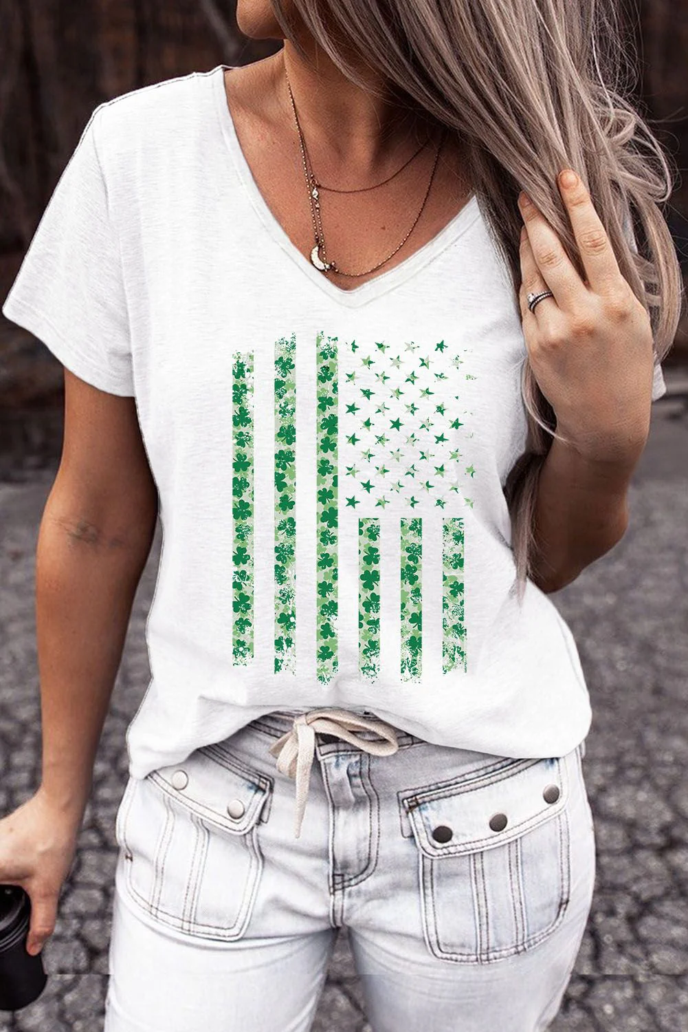 Clover American Flag V Neck Shift Casual T-Shirts。