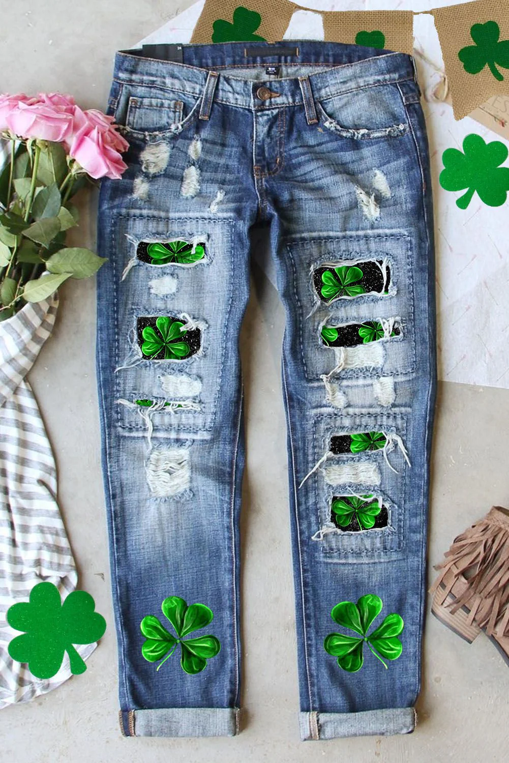 St. Patrick's Day Green Clover Shift Casual Ripped Jeans.