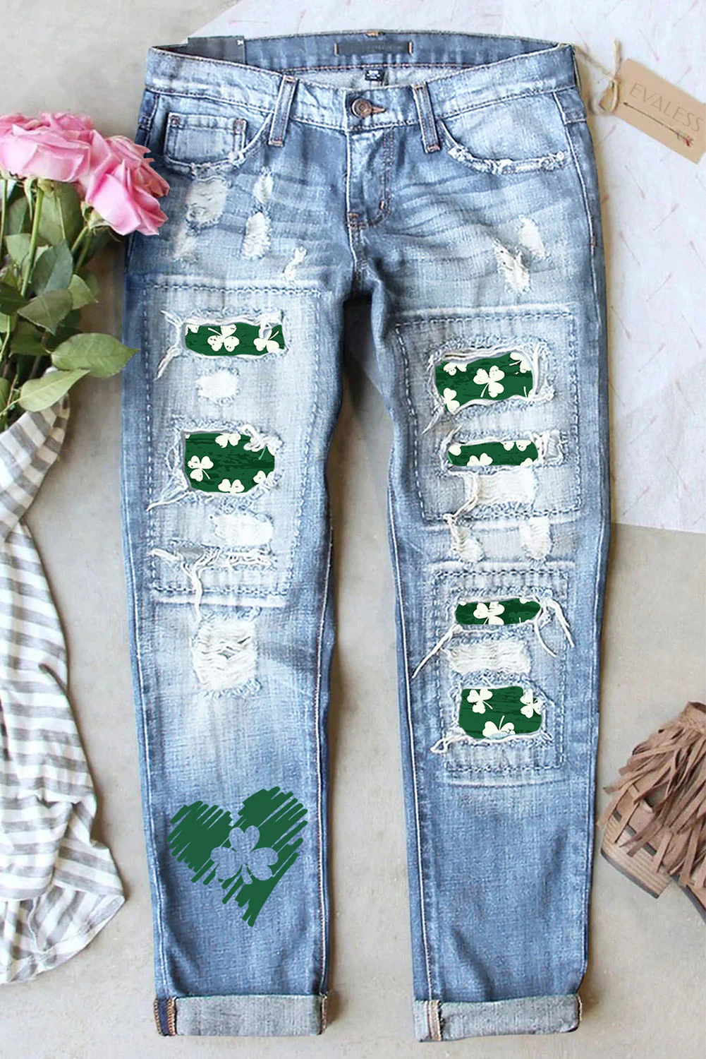 Shamrock Clover Casual Ripped Denim Jeans.