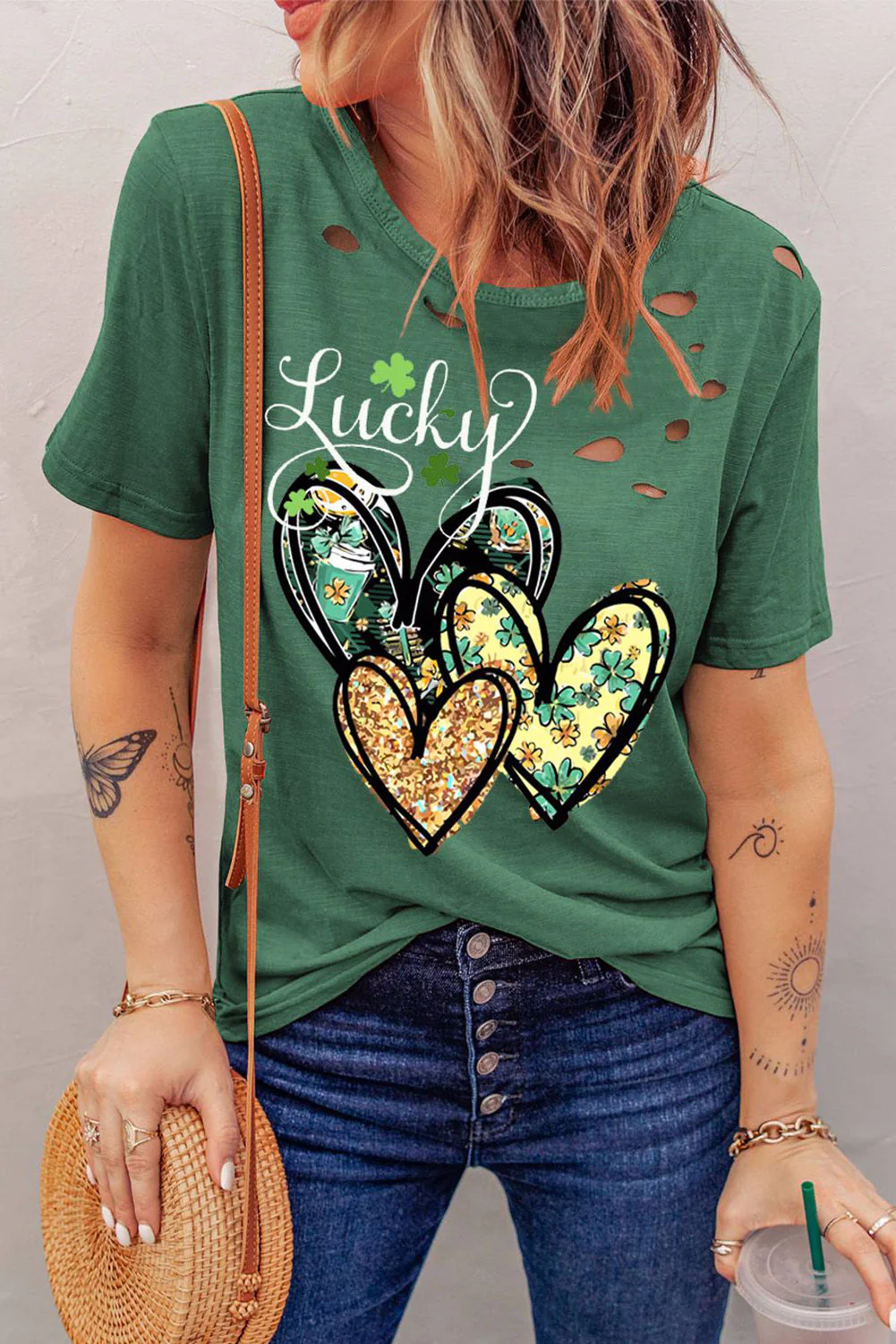 Green Ripped Short Sleeve T-shirt。