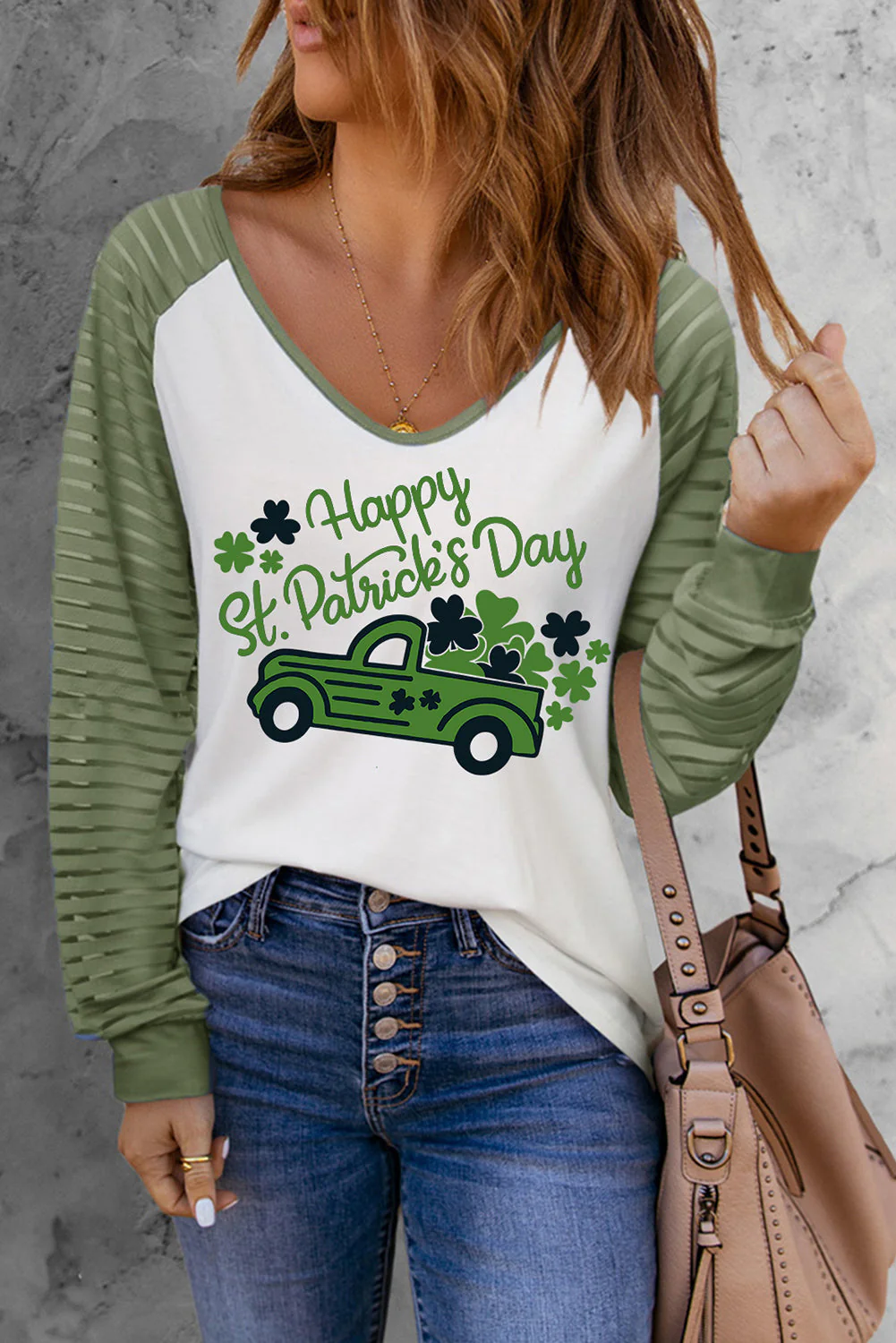 Striped Clover V Neck Printing T-shirt Green.