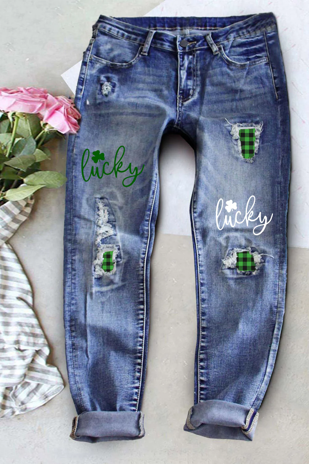 St. Patrick's Day Plaid Ripped Denim Jeans.