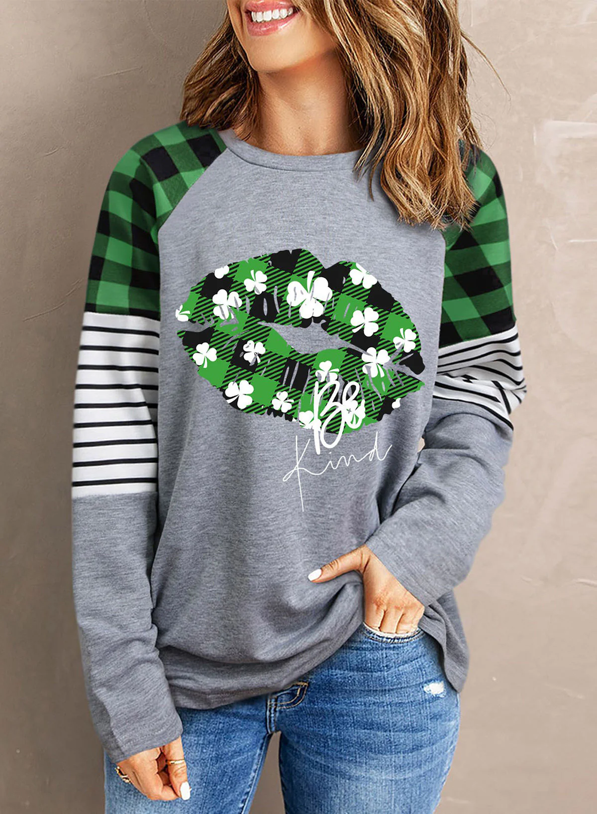 St. Patrick's Day Striped Plaid Round Neck Shift Casual Sweatshirt.