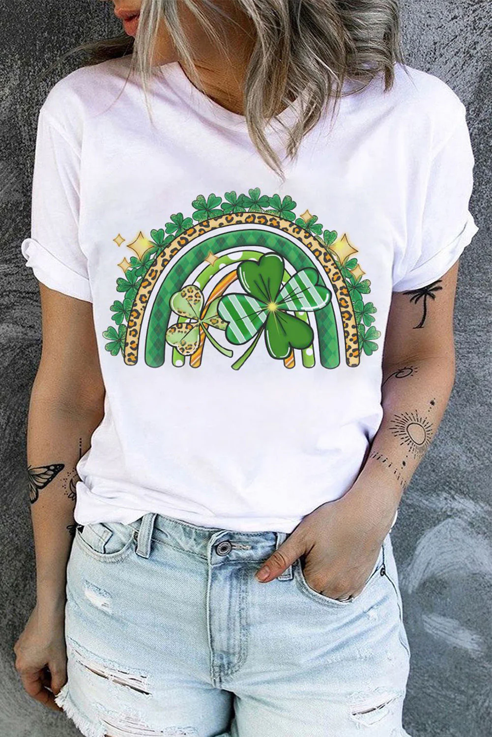 St. Patrick's Day Clover Rainbow Round Neck Shift Casual T-Shirts。