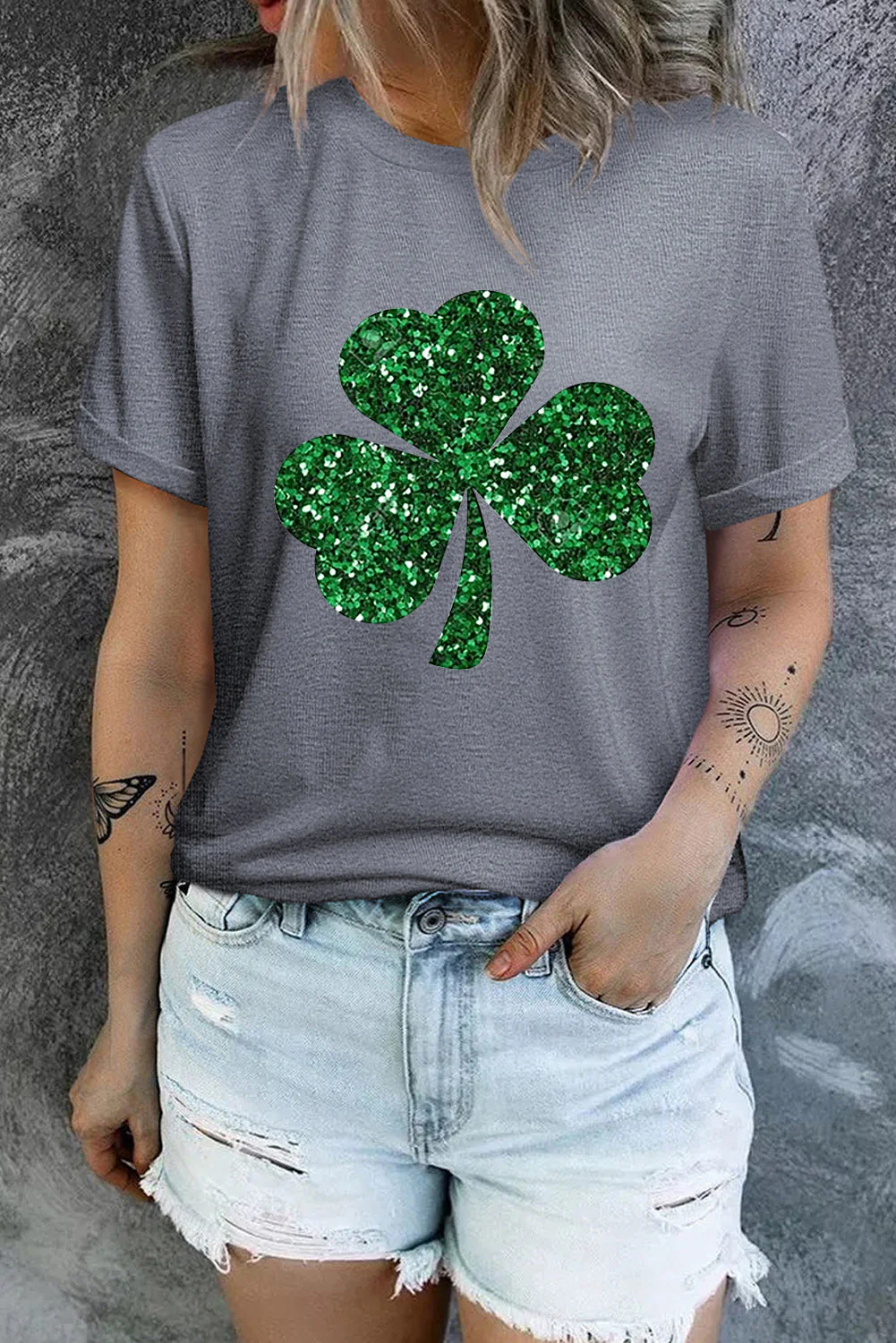 St. Patrick's Day Clover Graphic Round Neck Casual T-Shirts。