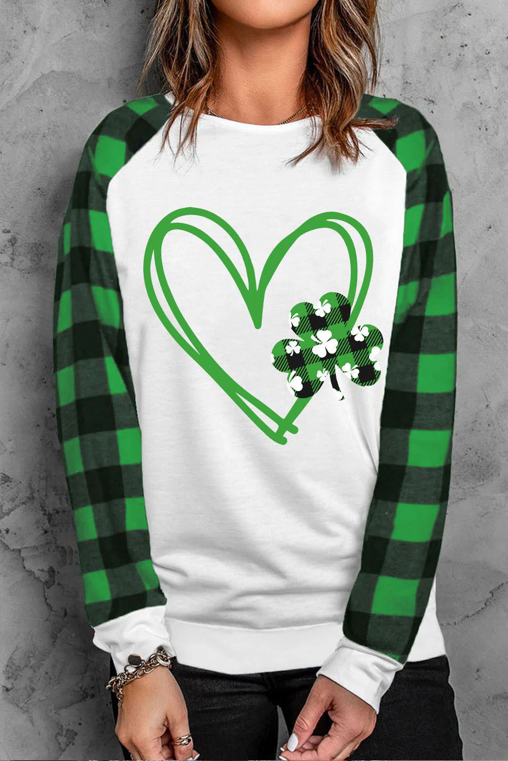 St. Patrick's Day Plaid Clover Round Neck Shift Casual Sweatshirt.