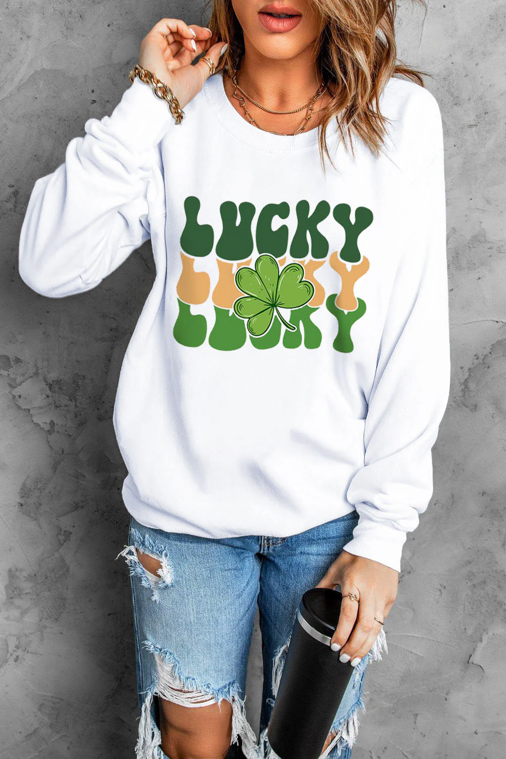 St. Patrick's Day Lucky Clover Round Neck Shift Casual sweatshirt.