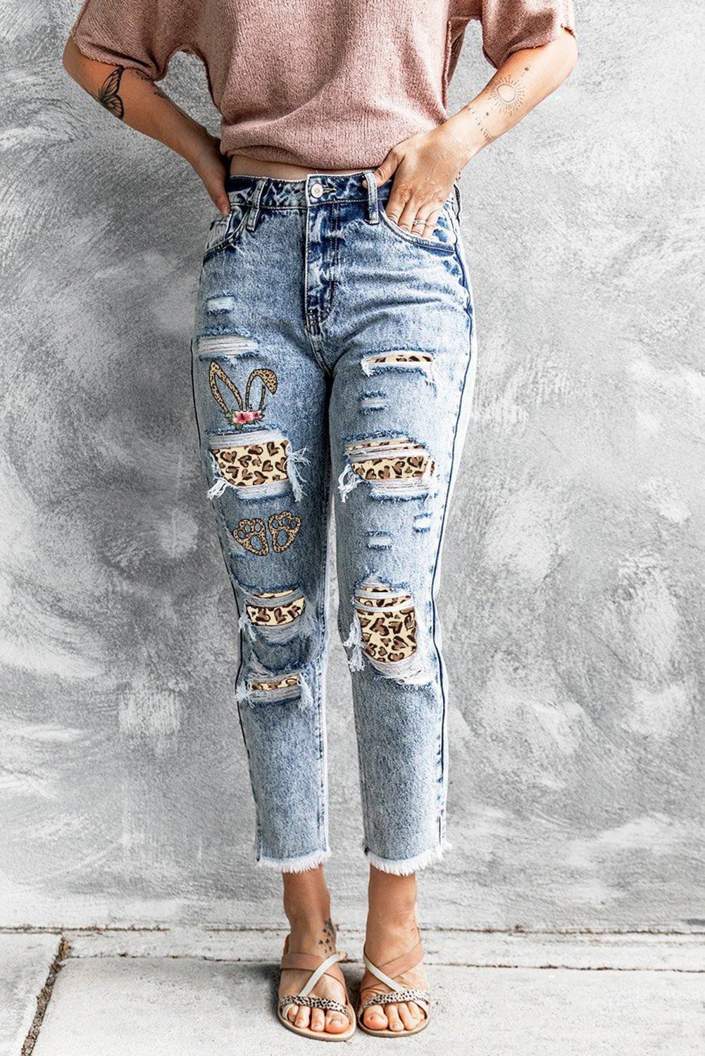Leopard Easter Bunny Ripped Jeans.