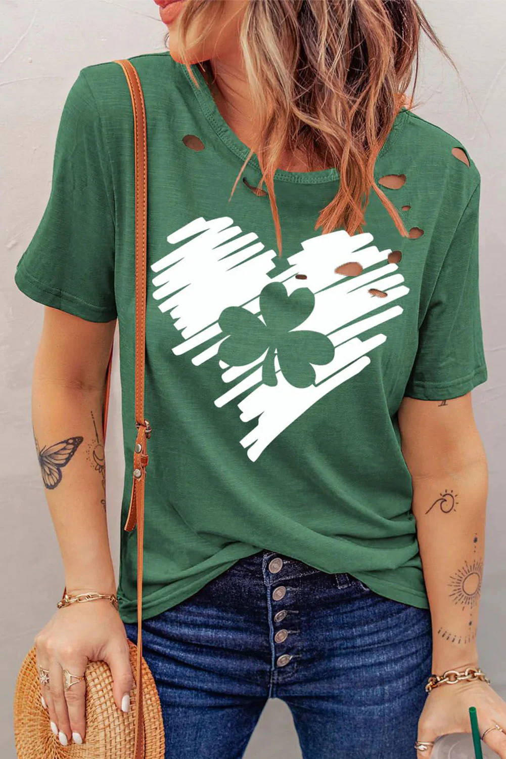 Clover Heart-shape Graphic Cut-out Round Neck Shift Casual T-Shirts.