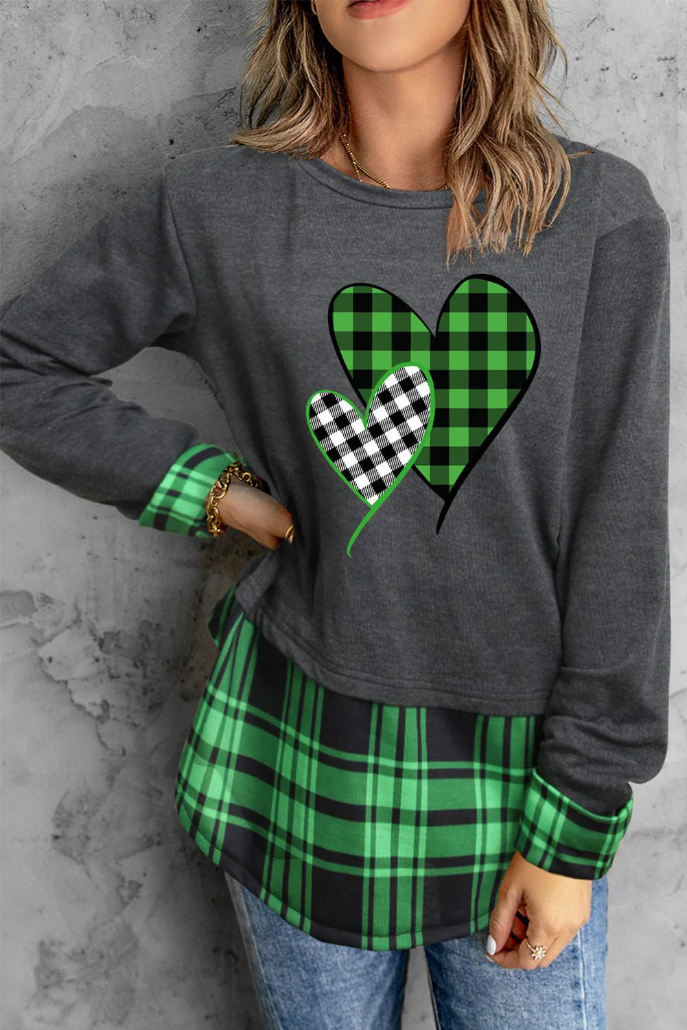 Plaid Heart Cotton Long Sleeve Sweatshirt.