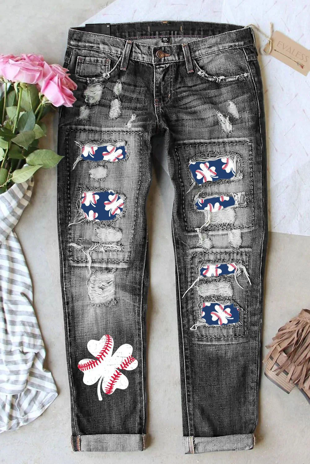 Baseball Ripped Casual Denim Jeans.
