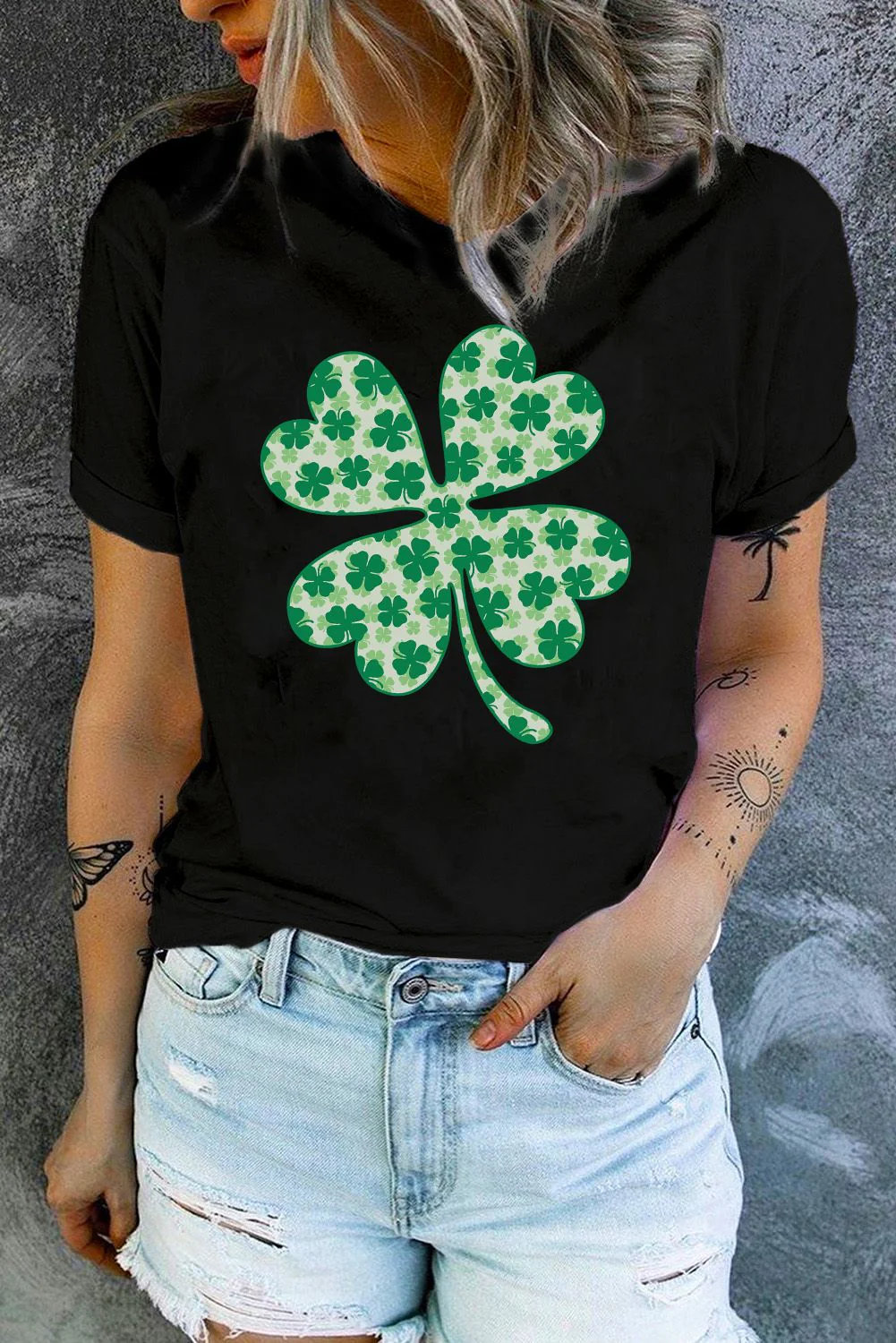 Shamrock Solid Floral None Round Neck Casual T-Shirts。