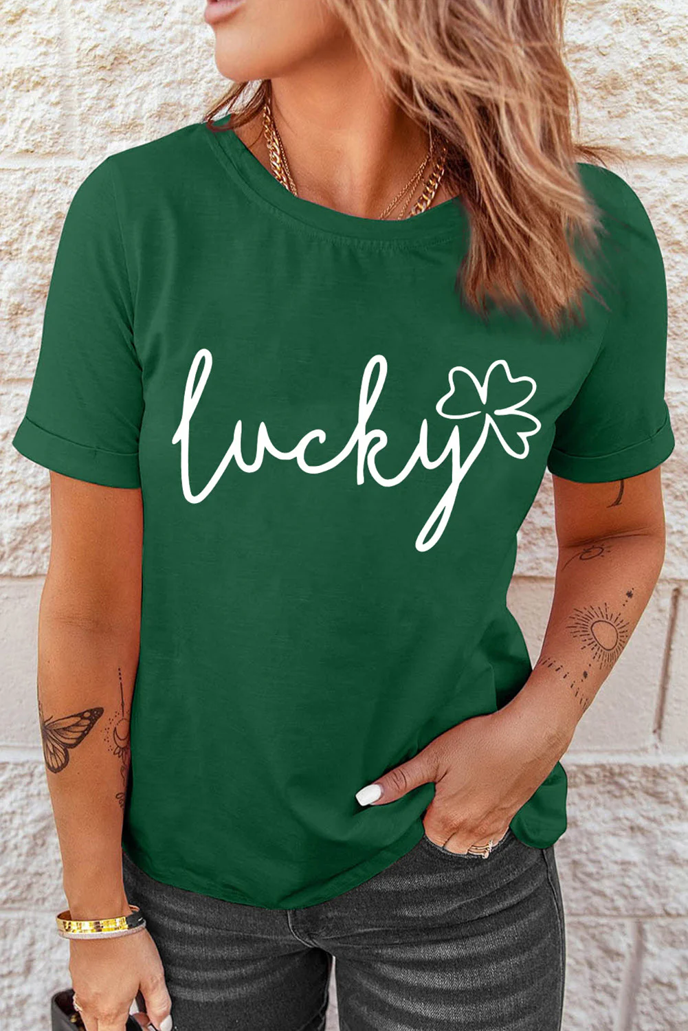 Green Lucky Print T-shirt。