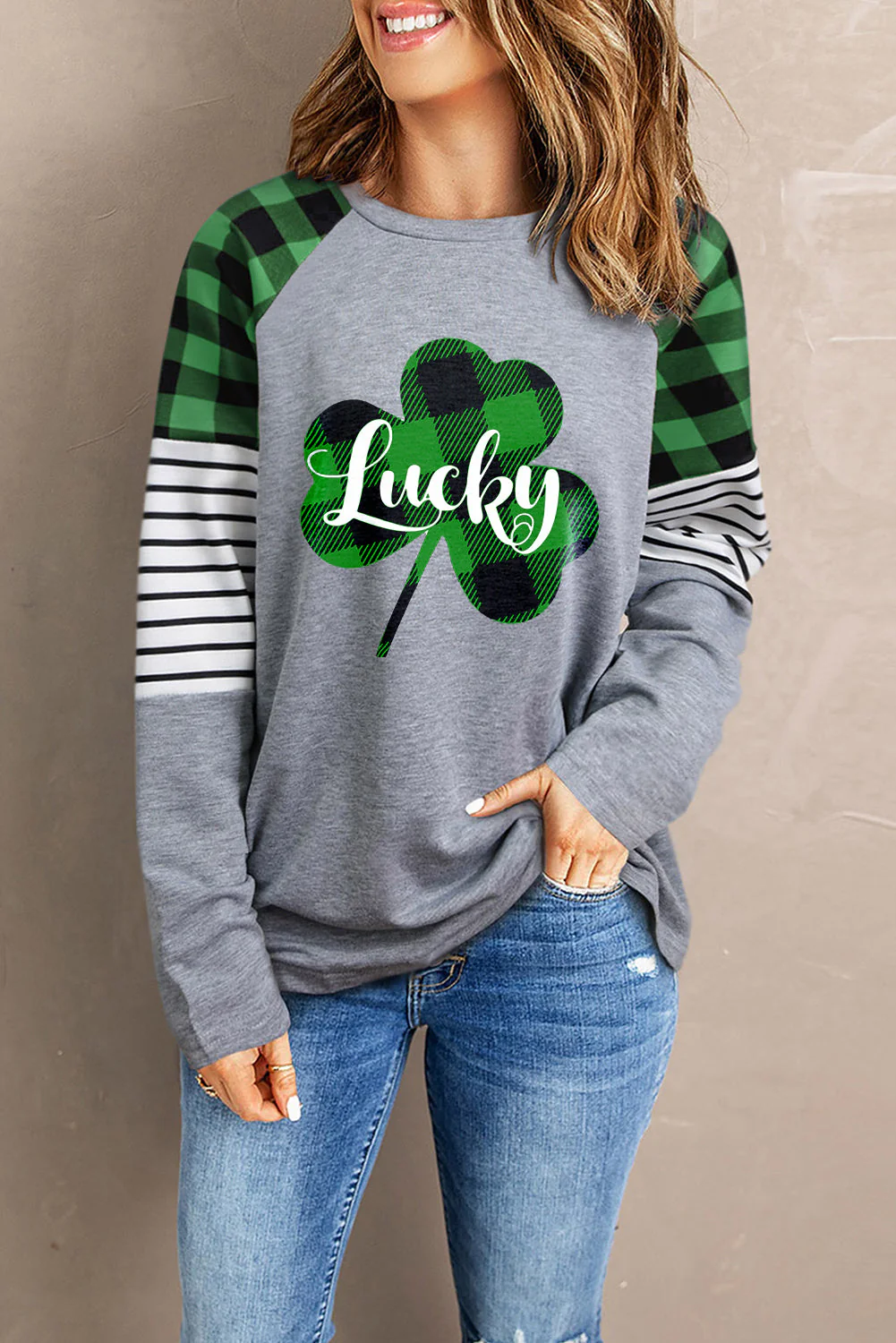 Plaid Clover Letter Long Sleeve Sweatshirt.