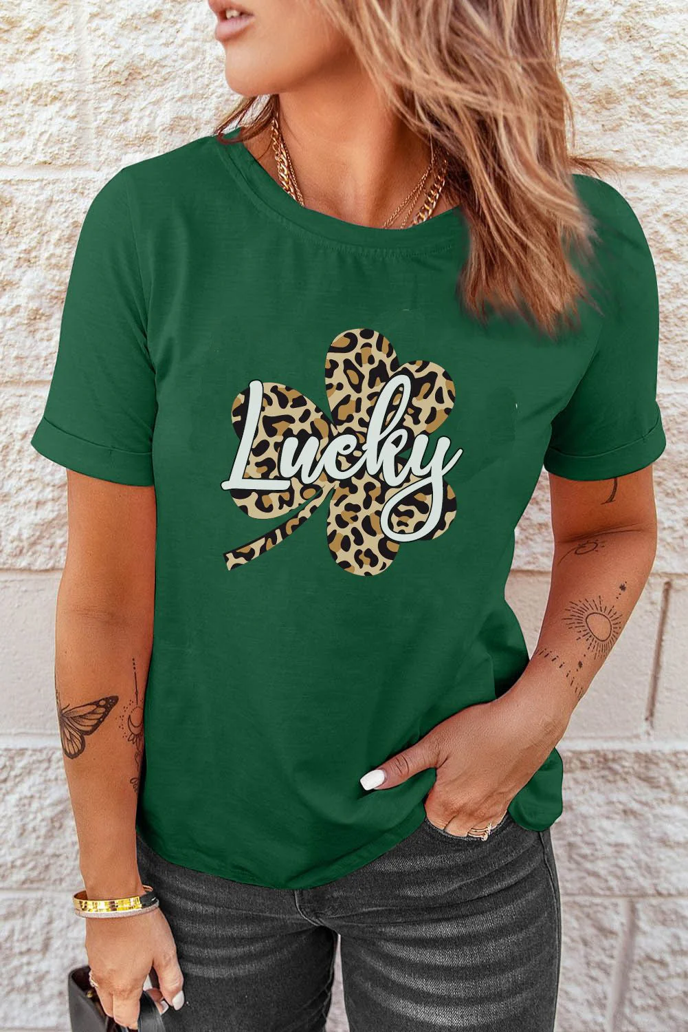 Clover Green Leopard Plants Casual Short Sleeve T-shirt。