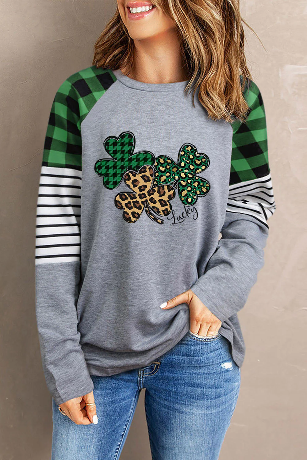 Lucky Clover Pattern Plaid Striped Sweatshirts.