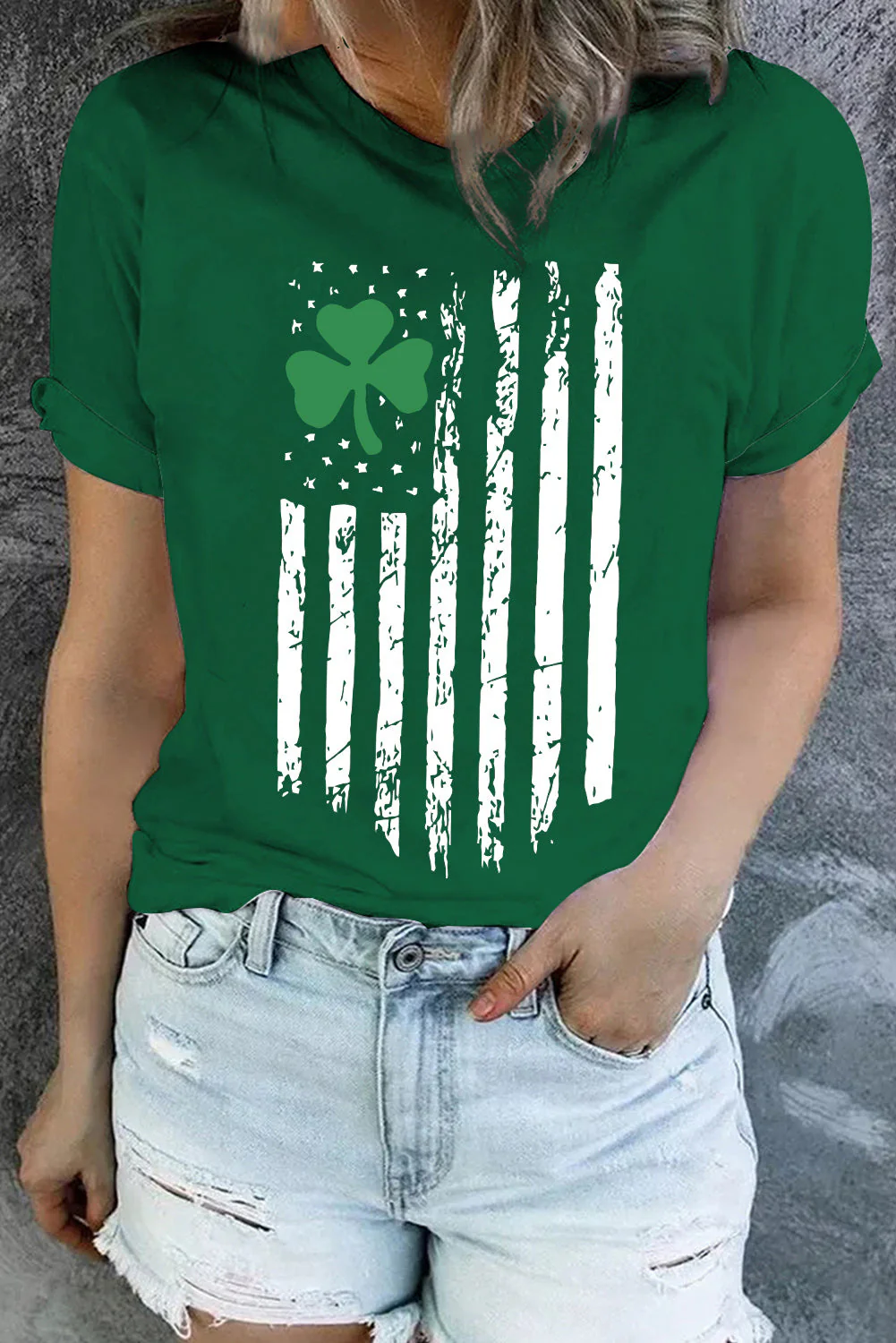 American Flag Shamrock Graphic Round Neck Shift Casual T-Shirts。