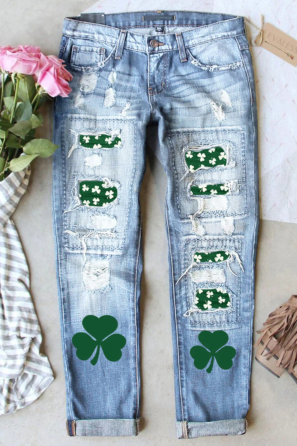 St. Patrick's Day Clover Graphic Casual Ripped Jeans.