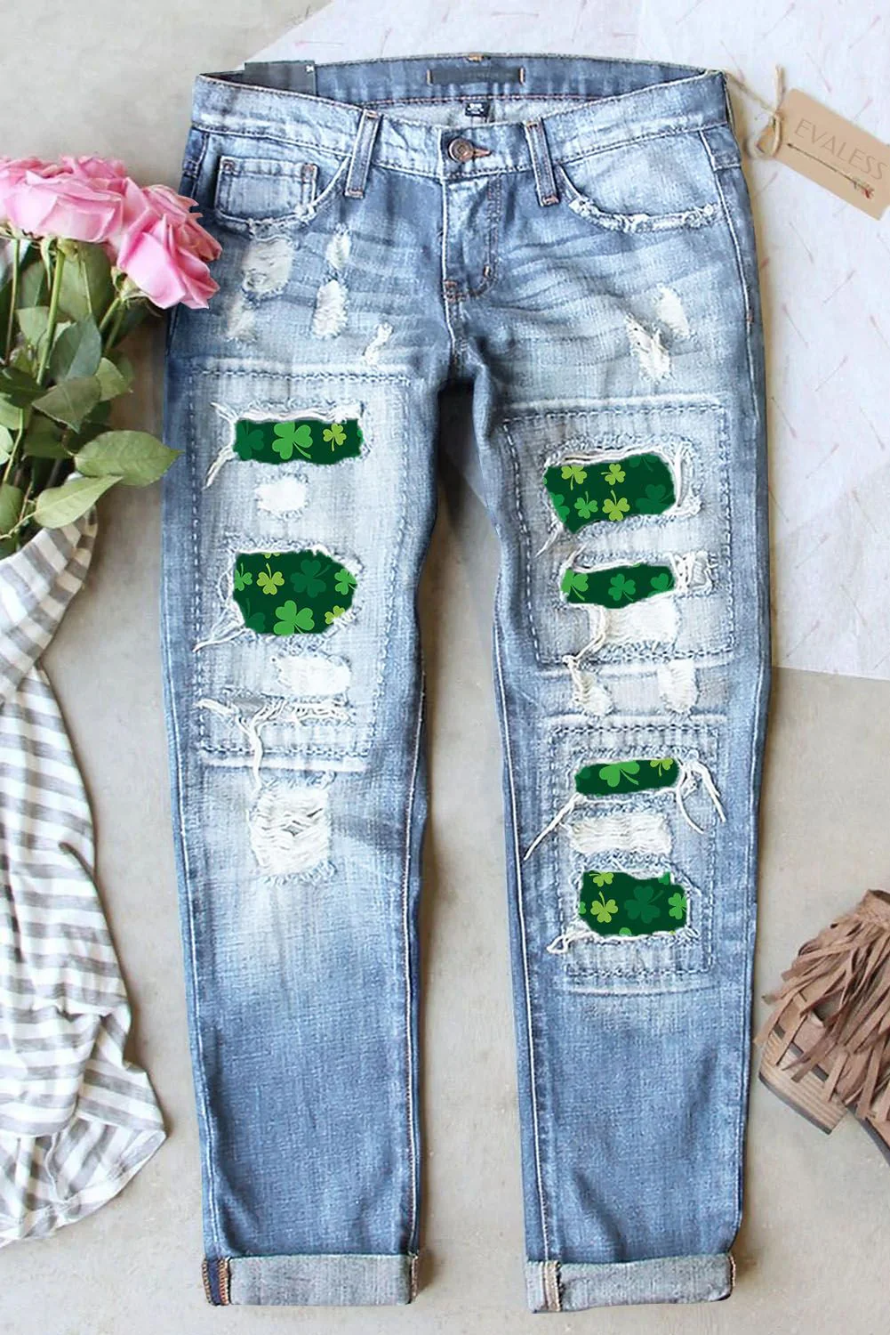 St. Patrick's Day Shamrock Graphic Casual Ripped Denim Jeans.