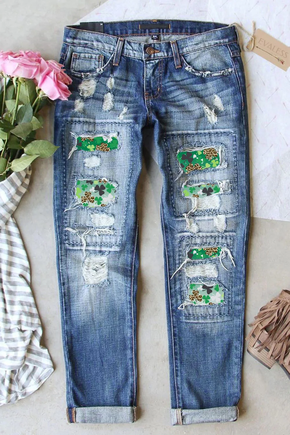 St. Patrick's Day Clover Graphic Casual Mid Waist Ripped Jeans.