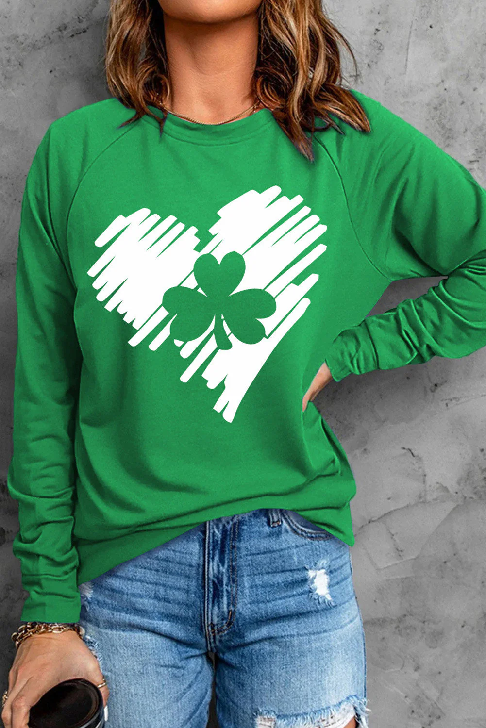 St. Patrick's Day Heart-shape Clover Round Neck Shift Sweatshirt.
