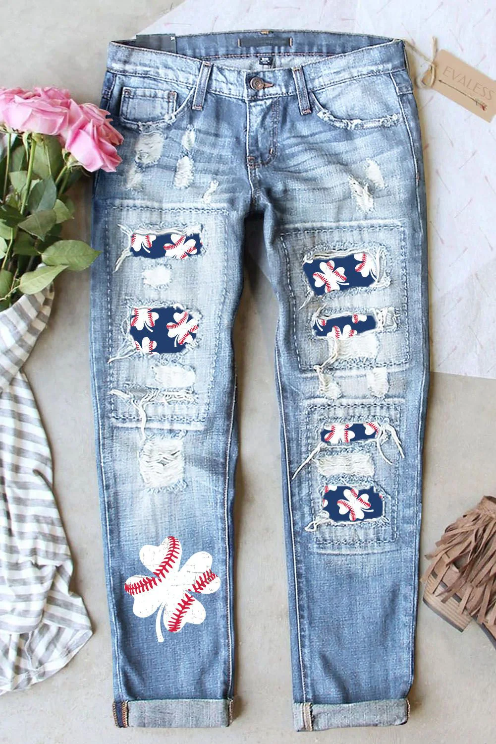 Baseball Ripped Casual Denim Jeans.