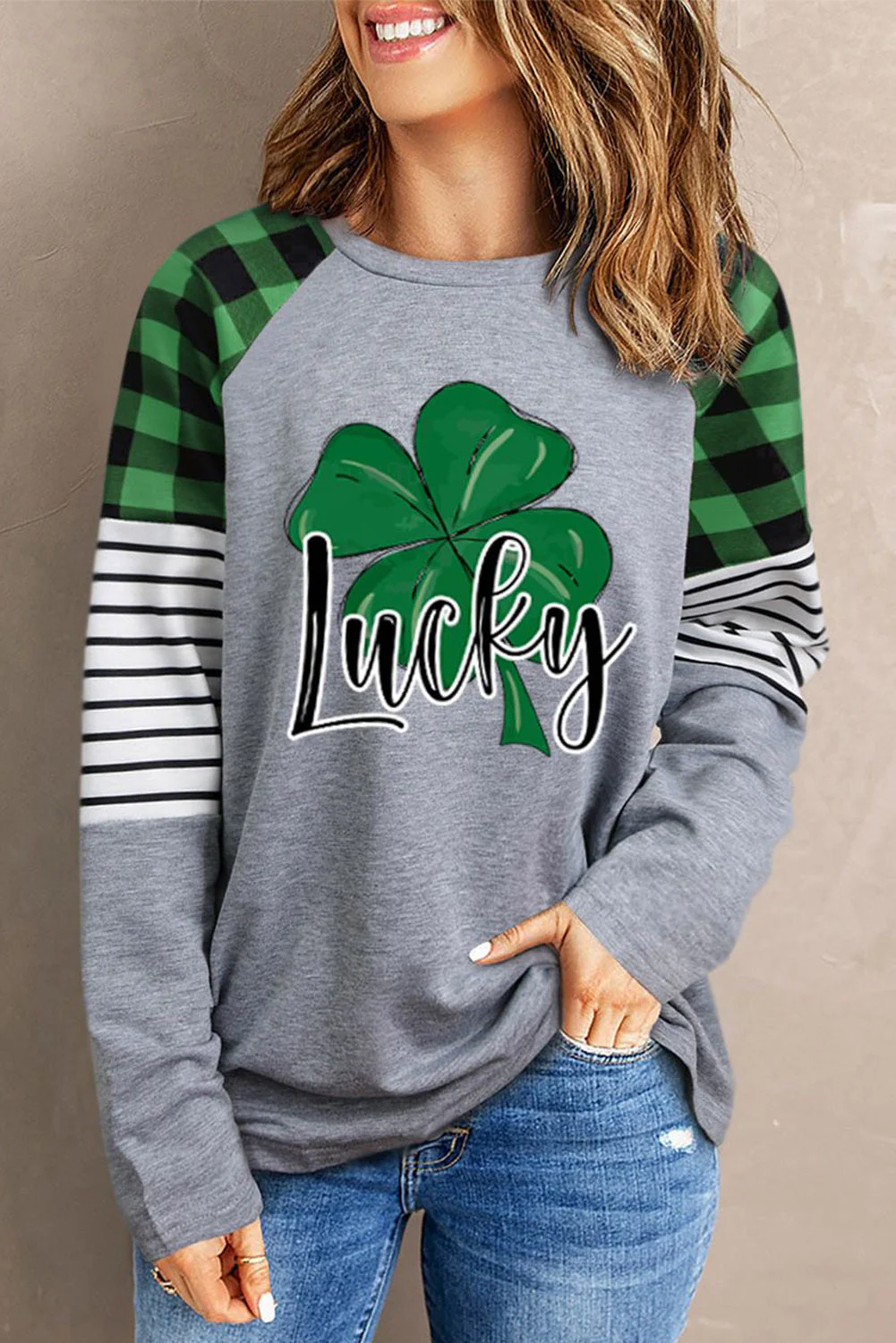 Lucky Shamrock Striped Plaid Round Neck Casual Pullover Sweatshirt.
