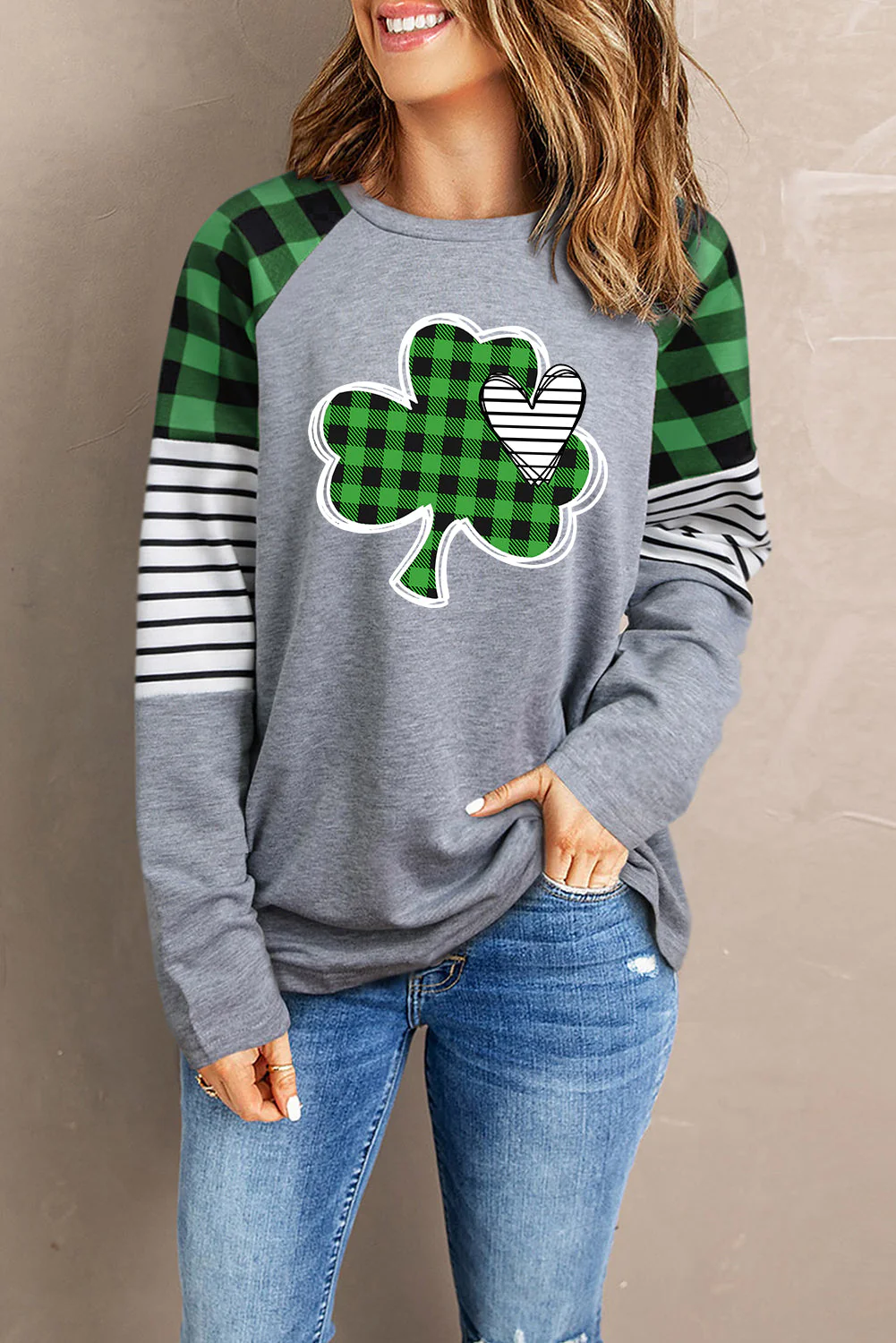 Green Plaid Leaf Print Sweatshirt.
