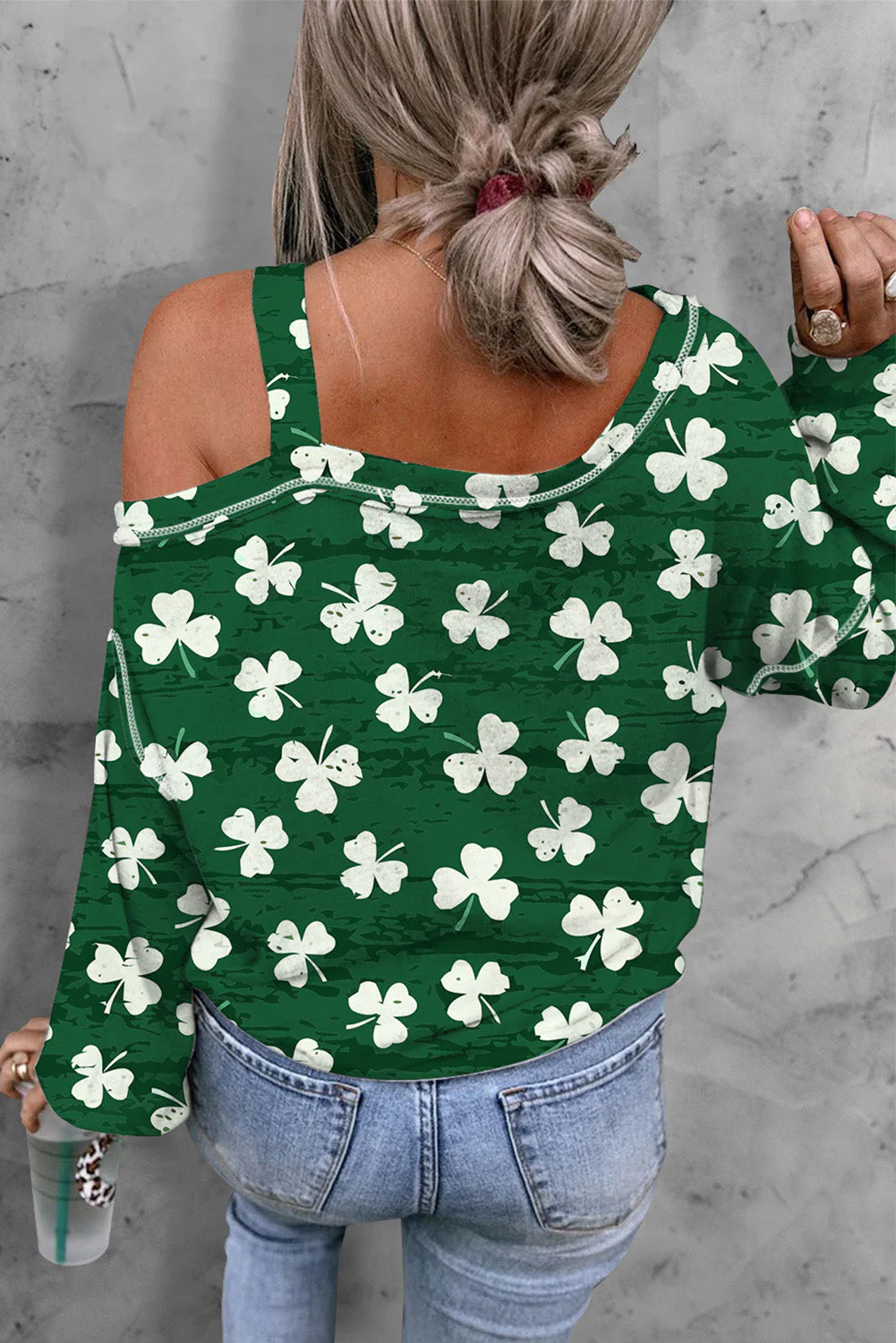 St. Patrick's Day Green Lucky Clover Cold Shoulder Shift Casual T-Shirts.