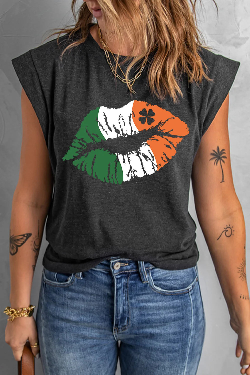 Grey Casual Cap Sleeve Big Lips Printing T-shirt。