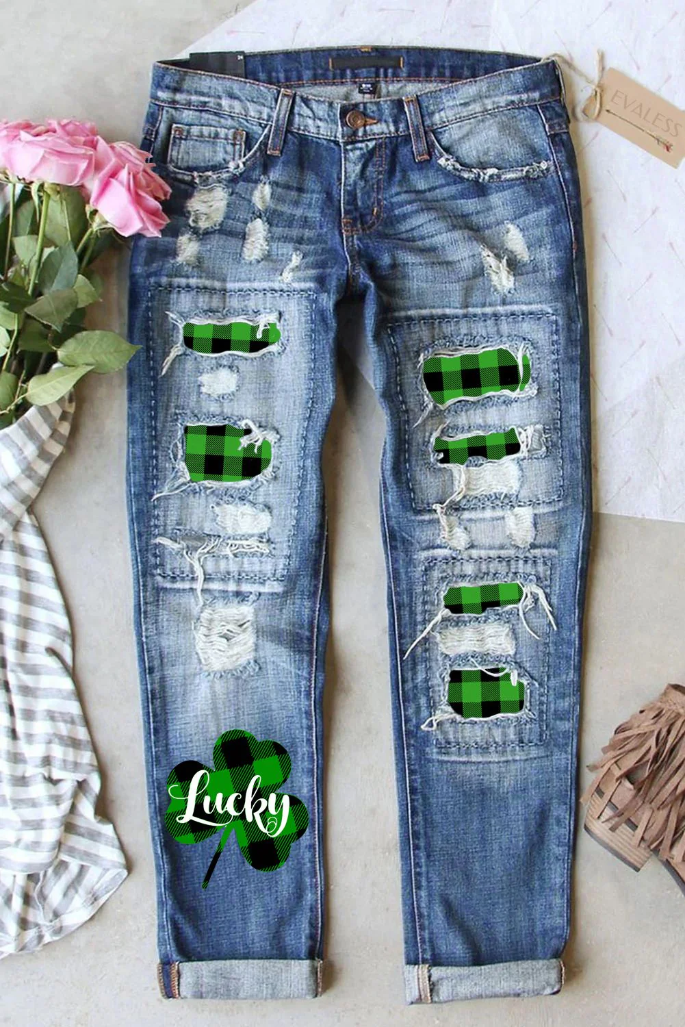 Green Clover Floral Green Shift Casual Ripped Jeans