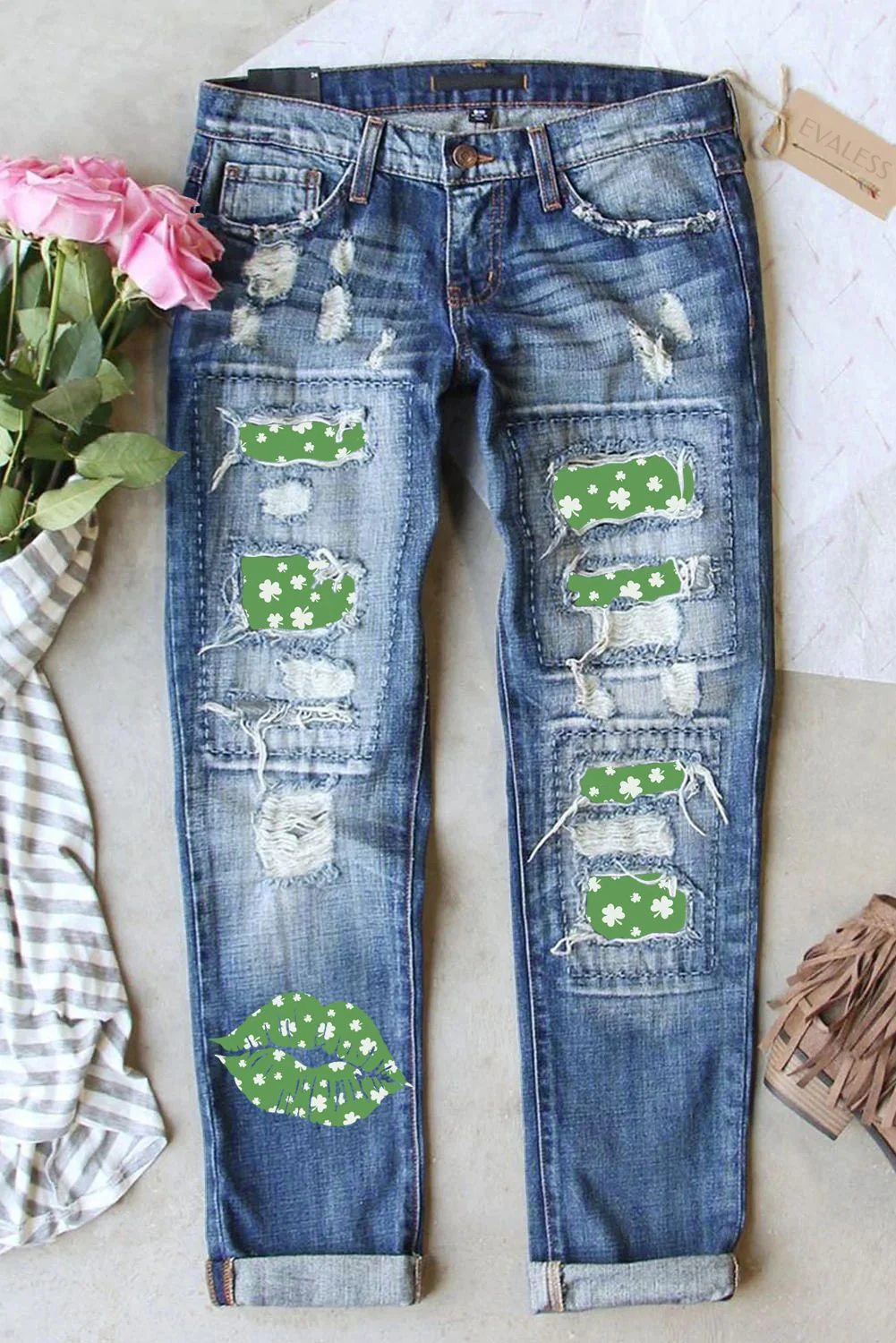 St. Patrick's Day Clover Shift Casual Ripped Jeans