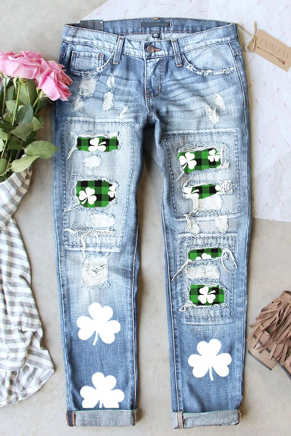 Shamrock Clover Green Plaid Casual Jeans.