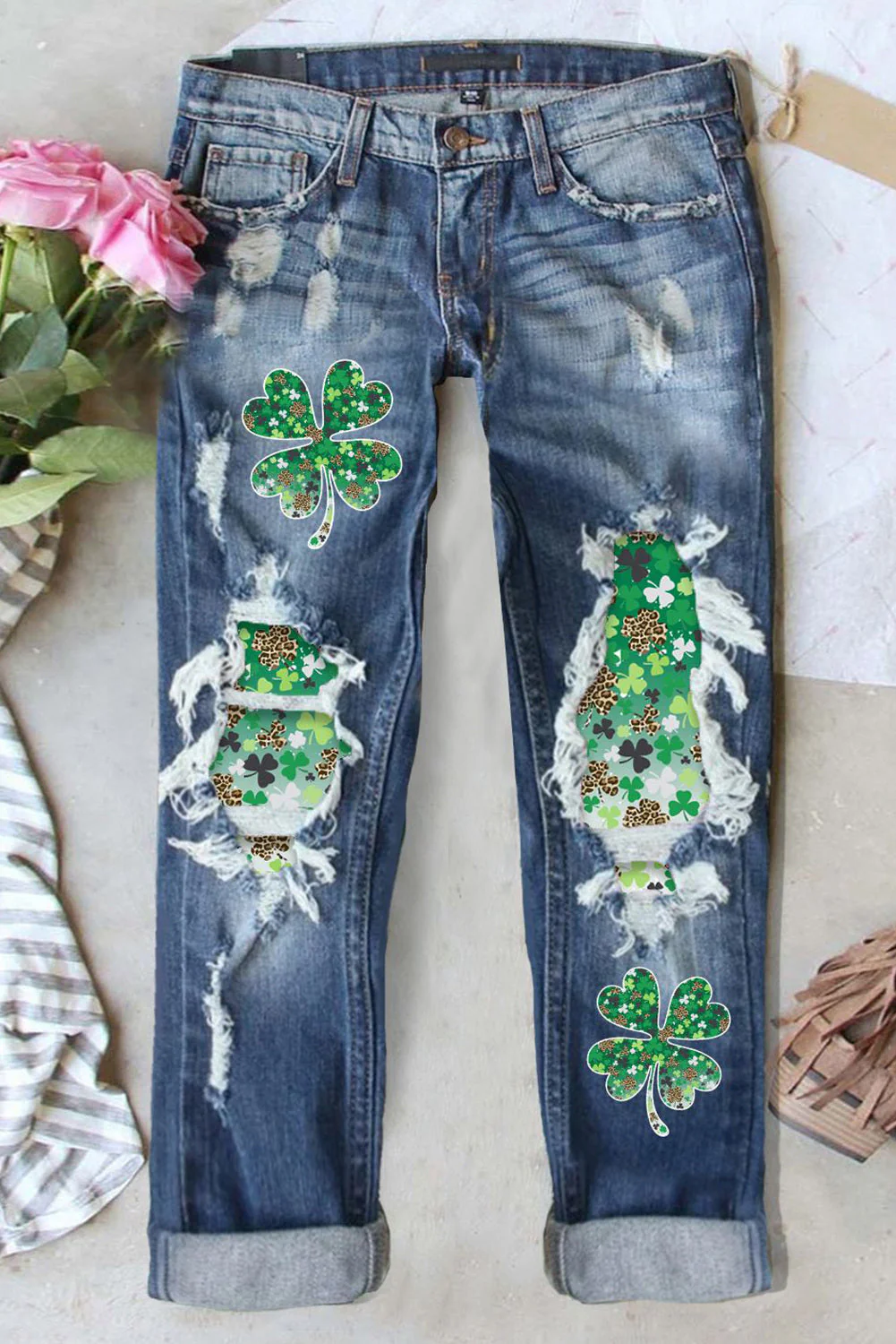 Green Clover Shift Casual Ripped Jeans.