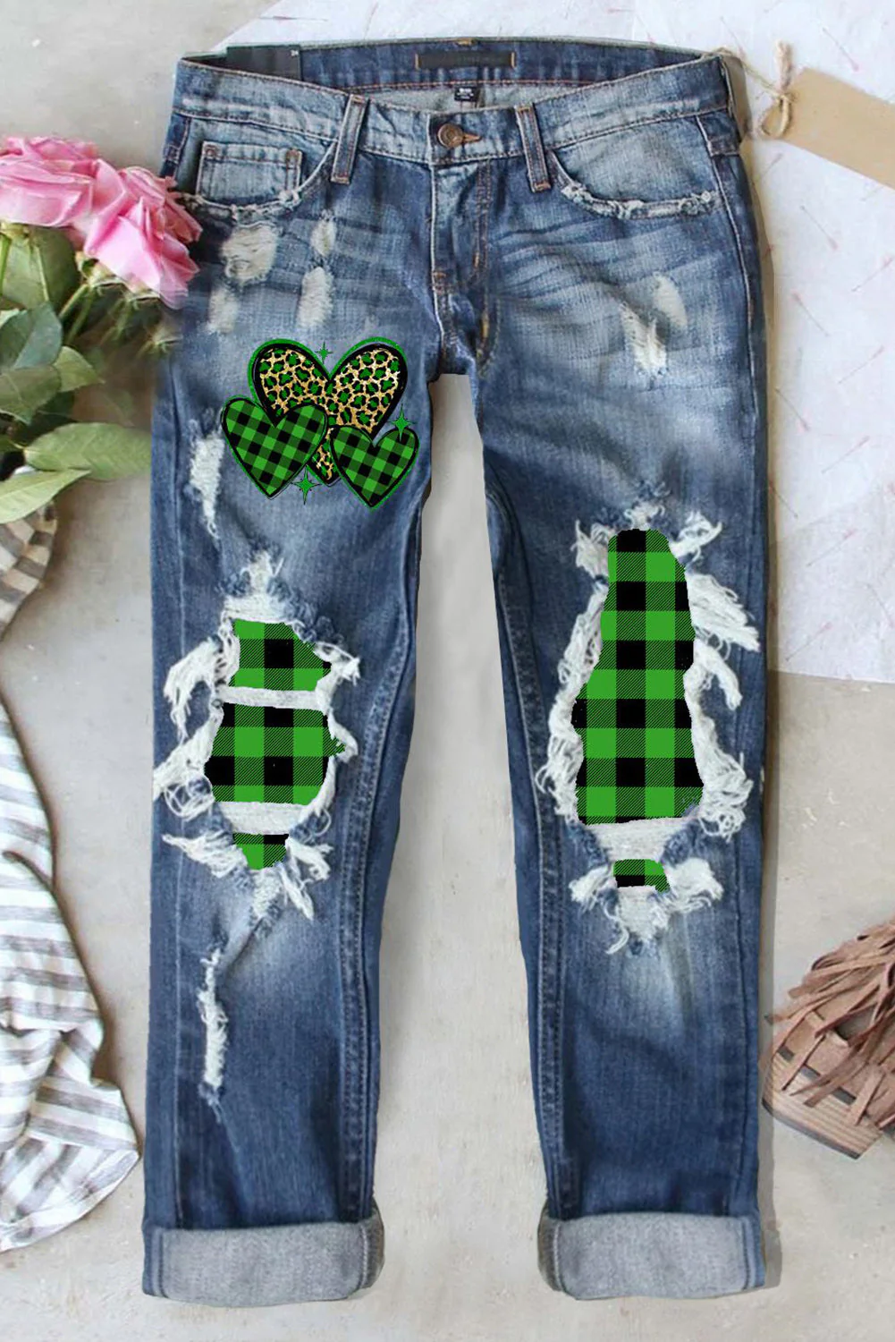 Green Plaid Heart-shaped Shift Casual Ripped Jeans.